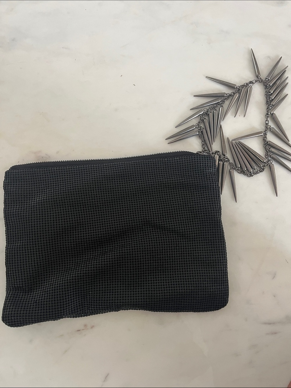 Barney’s Black Mesh Zip Clutch w/ Silver Spike bracelet handle nwt